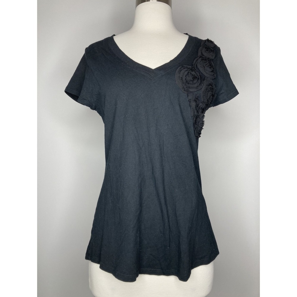 Cable & Gauge Tee Women Large Black Short Sleeve V-Neck Rosette Detail Blouse
